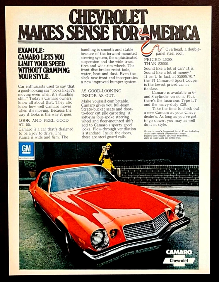 Chevy Camaro Sport rojo cupé original 1974 anuncio impreso vintage Foto 1 de 1