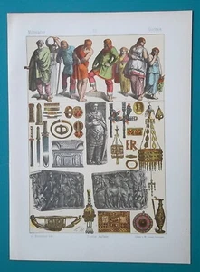 GOTHS Medieval Costume Jewelry Arms Sarcophagi Utensils - 1883 Color Litho Print - Picture 1 of 1