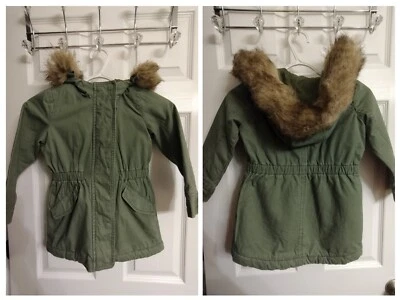 Gap Pea Coat Distressed Army Green Hood Faux Fur Lined Girl's Size XS 4-6 - Image 1 of 4