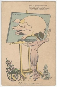 Xavier Sager 1910 firmado por artista - Chica con curvas pintando un cerdo sobre lienzo, gato - Imagen 1 de 2