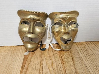 Máscara decorativa colgante de pared vintage de latón macizo comedia tragedia teatro drama 5" Foto 1 de 4