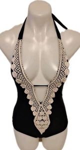 Kona Sol Solid Black One Piece Swimsuit Plunging Neckline Crochet Accent Women S - Picture 1 of 18