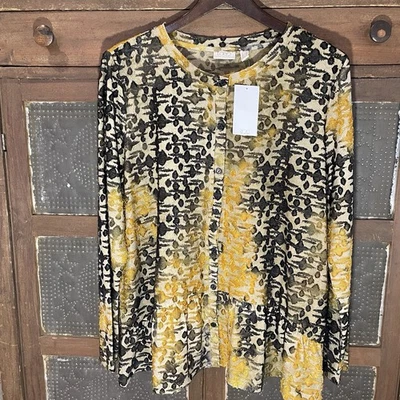 NUEVO CON ETIQUETAS LOGO Lori Goldstein Cárdigan Burnout Arte Para Usar Volantes Dobladillo Tostado/Negro/Dorado Foto 1 de 4