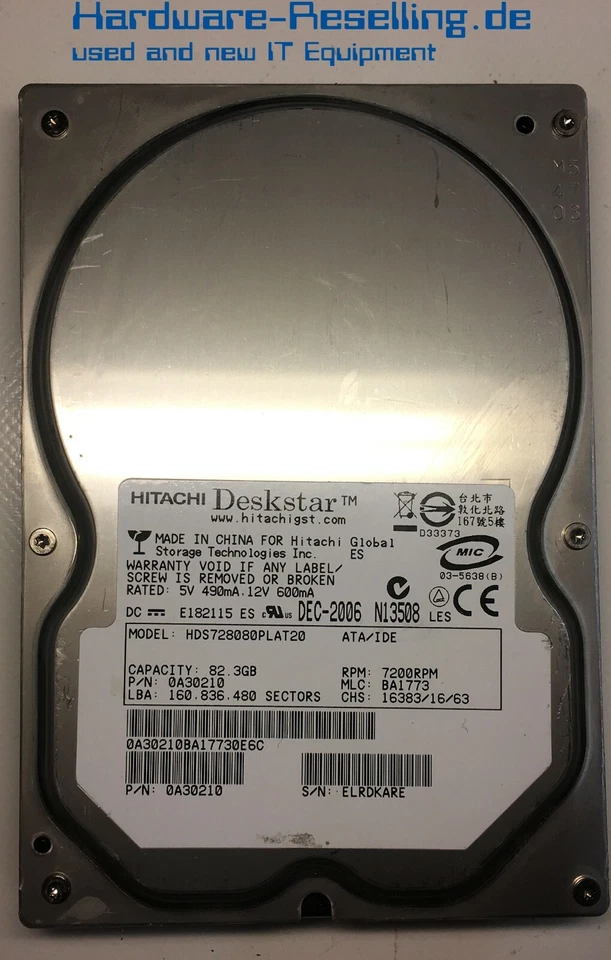 Hitachi 82GB 7,2k Ide 2MB HDS728080PLAT20 0A30210 3,5 " HDD - Immagine 1 di 1