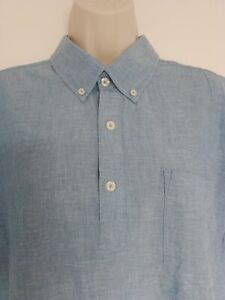 Boden Blue Chambray Linen Blend Henley 3 Button Collar Tunic S/S Shirt Size L