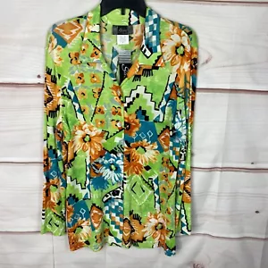 Slinky Brand Top Womens M Green Floral Button Up Shirt Tunic Long Sleeve Collar - Picture 1 of 6