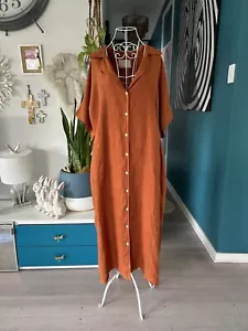 Donna Donna Linen Long Button Front Dress With Gathered Waist & Pockets. Sz L/XL - Picture 1 of 8