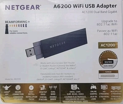NETGEAR AC1200 WiFi USB 2.0 Adapter - AC Dual Band (A6200-100PAS) - Image 1 of 4