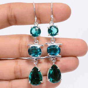 Green Apatite Gemstone Fashion Jewelry 925 Silver Dangle Earrings 2.4" ARE-3412 - Picture 1 of 3