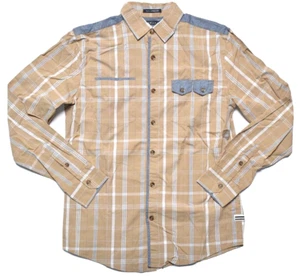 Sean John Mens Button Up Shirt Tailored Fit LS Beige Navy Plaid Small Y2K - Picture 1 of 6