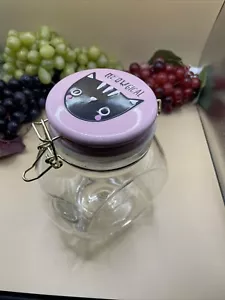 Glass kitty treat canister W/ Ceramic Attached Lid-pink& Black Cat Decor - Picture 1 of 11