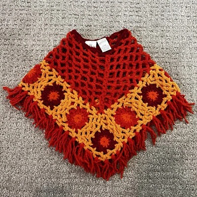 Koala Kids Orange Yellow Crochet Baby Fringed Poncho Festival Hippie 70s Fall - Image 1 of 4