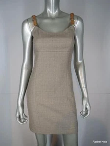 Sexy Vestido Michael Kors Talla 4 S $1795 Lino Beige Cuero Correa de Cadena Mini Vaina - Imagen 1 de 10
