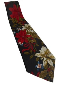 Vintage Poinsettia White Red on black floral Holiday Winter tie necktie - Picture 1 of 5