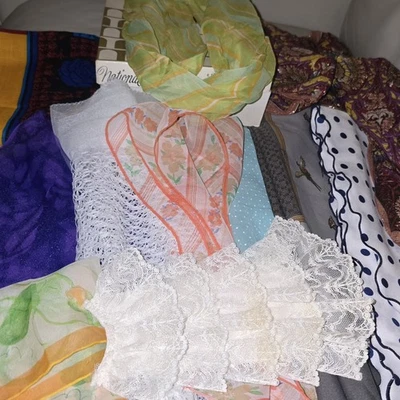 Vtg/Mixed Scarf Lot Lace Tiered Jabot Neckwear Floral Net Polkadot Shiny Various - Image 1 of 4