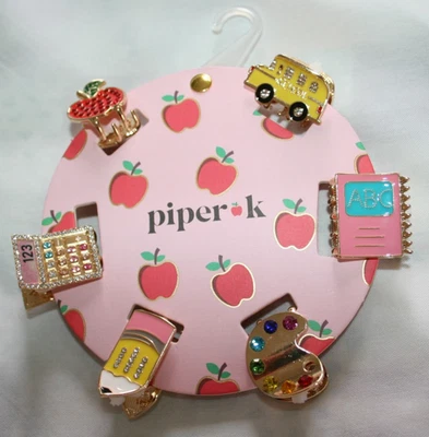 Set of 6 School Hair Clips Gold tone metal Enamel Crystals Apple,pencil,bus,book - Image 1 of 2