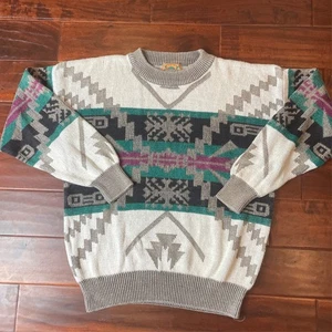 Vintage Brad Richards Azteken Pullover Herren Medium Weiß Grün 80er Retro - Bild 1 von 5