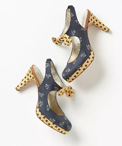 Miss Albright Spectator Floral Polka Dot Mary-Jane Heel Blue Yellow Women's 7.5 - Picture 1 of 16