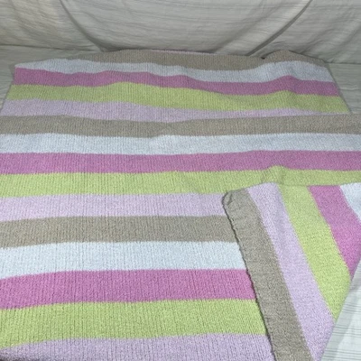 HTF Carters Chenille Baby Blanket Stripe Tan Pink Green White Y2K Soft - Image 1 of 4