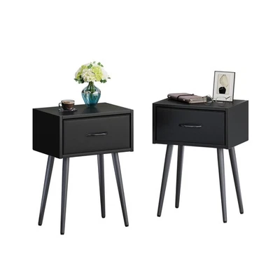 Juego de 2 Mesitas de Noche Negras, Mesita de Noche Pequeña con Cajón de Tela, Moderna En... Foto 1 de 4