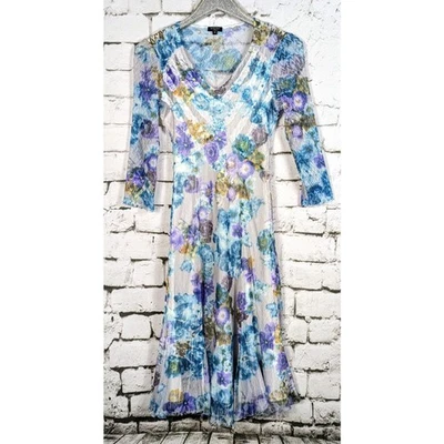 KOMAROV Signature Crinkle Charmeuse Floral Stretch Midi Dress USA Lined Small  - Image 1 of 4