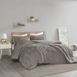 Intelligent Design Malea Shaggy Duvet with Quilted Box Design | King | Grey - Picture 1 of 14