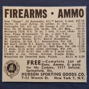 1950 anuncio impreso Hudson artículos deportivos armas de fuego y municiones carabina Nueva York, Nueva York - Imagen 1 de 2