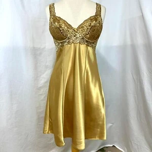 VICTORIA'S SECRET Gold Lace Slip Dress Chemise Satin Womens M 2000s Y2K Coquette - Picture 1 of 5