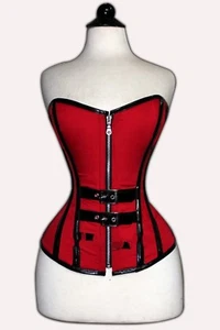 Red Pure Cotton Over bust Corset Real Steel Bones Lace up Back Front Zip - Picture 1 of 4