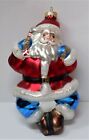 D Vtg Christmas Tree Ornament Blown Glass Santa Figure Bag Of Toys Glittler