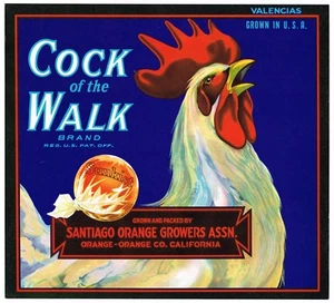 ORIGINALE COCK OF THE WALK ARANCIONE COUNTY CASSA ETICHETTA GALLO SANTIAGO ANNI '30 H6 - Foto 1 di 1
