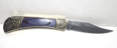 Vintage Gold  w/ Blue and Black Inlay Handle Pocket Knife - Image 1 of 2