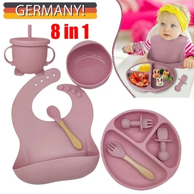 Silikon Baby Geschirrset Kindergeschirr 8 Stücke Kinder Teller mit Saugnapf Rosa - Bild 1 von 4