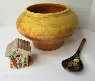 Rustic Boho Decor Lot Pottery Bowl Khokhloma Spoon Ceramic Birdhouse Set - Image 1 of 4