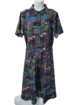 Denim & Co D&Co Button Front Shirt Dress Sz L Short Sleeve Belted Beach Flamingo - Image 1 of 4