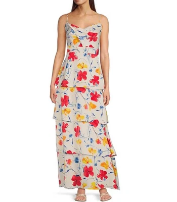 Vestido maxi Annie Klein cetim estampa floral gola V em camadas linha A tamanho-10 - Imagem 1 de 4