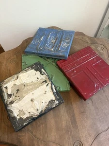 Antique Ceiling Tin Tiles (4) 8” Framed Wall Hanging Decor Reclaimed Cottage - Picture 1 of 24