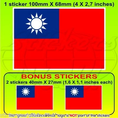 STICKERSWORLD TAIWÁN Bandera Taiwanesa, República de China, RoC 100 mm (4") Calcomanía Adhesiva x1+2 BONO