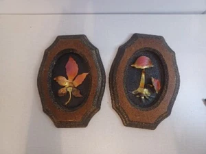 Vintage 1970s Set 2 Metal Mushroom Leaf Wall Hanging Artwork Plaques Decor - Picture 1 of 12