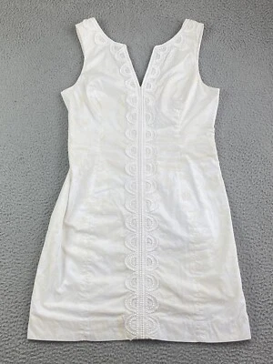 Lilly Pulitzer Dress Womens 6 White Printed Janice Shift Sleeveless Beaded EXC - Image 1 of 4