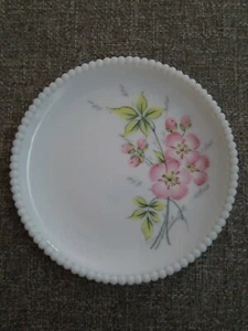 Milk Glass Beaded Edge 7 1/2" Plate Hand Painted Flower - Picture 1 of 2