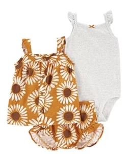 Carter's Baby Girl 3 Piece Set Sunflowers 12 Mo Bodysuit Shirt Ruffled Pants New - Picture 1 of 3