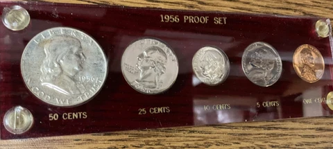 1956 Silver Proof Set of 5 Coins in Lucite Plastic Holder Cover