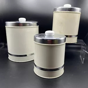 Vtg Chrome Lid Kitchen Canister Set 3 Piece Set Metal White Round Counter Decor - Picture 1 of 24
