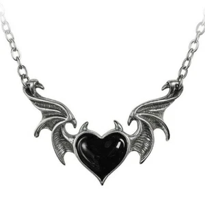 Alchemy Gothic Blacksoul Necklace Demon Wings Horns Black Heart Pendant P896 New - Picture 1 of 4