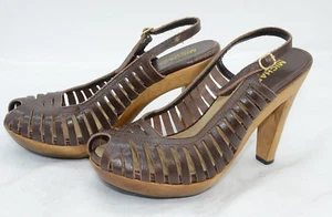 Michael Kors Womens Sz 7 Leather Brown Wooden Heel Sexy Peep Toe Heels Pumps - Picture 1 of 3