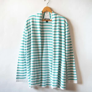 Lands' End Cotton Long Sleeve Open Cardigan Sweater Turquoise Striped L 14-16 - Picture 1 of 8