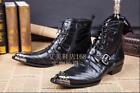 Men‘s Korean Leather Pointed Toe Cowboy Metal Pointed Toe Lace Zip Ankle Boots