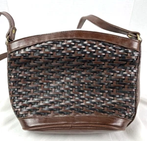 Leder Geldbörse Basketweave braun schwarz 2 tiefe Taschen Schultergurt - Bild 1 von 13