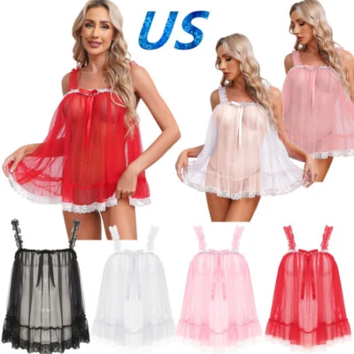 Women's Lace Lingerie Babydolls See-Through Mesh Tops Nightwear Sexy Chemise - Image 1 of 4